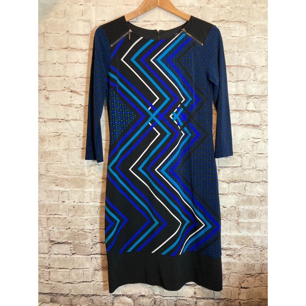 Rafaella Midi Dress Womens Small Cobalt Blue Geometric Zig Zags Shift Stretch